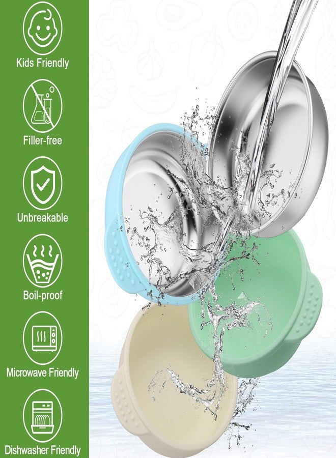 بوسوها مجموعة بوسوها من 3 أوعية طعام للأطفال مصنوعة من الفولاذ المقاوم للصدأ مع غطاء - وعاء طعام 2 في 1 للأطفال الصغار، مقاوم للحرارة، مانع للانسكاب، مزود بخاصية الشفط، مناسب لتغذية الأطفال الرضع والصغار. - Image 4